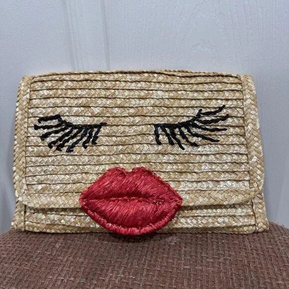 Felix Rey Kissy Face‎ Straw Clutch Bag Straw Bergdorf Goodman 9.5x6.5 RARE - Picture 2 of 10